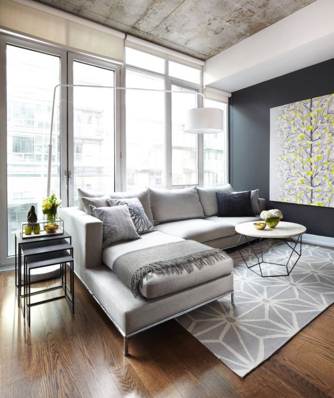 Gray corner sofa Scandinavian style geometric pattern