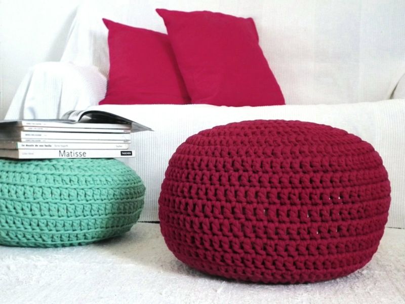 Knitted pouf sheep wool handmade red