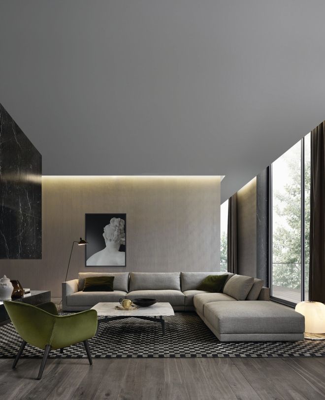 Wohnzimmer klassisch Design moosgrün grau