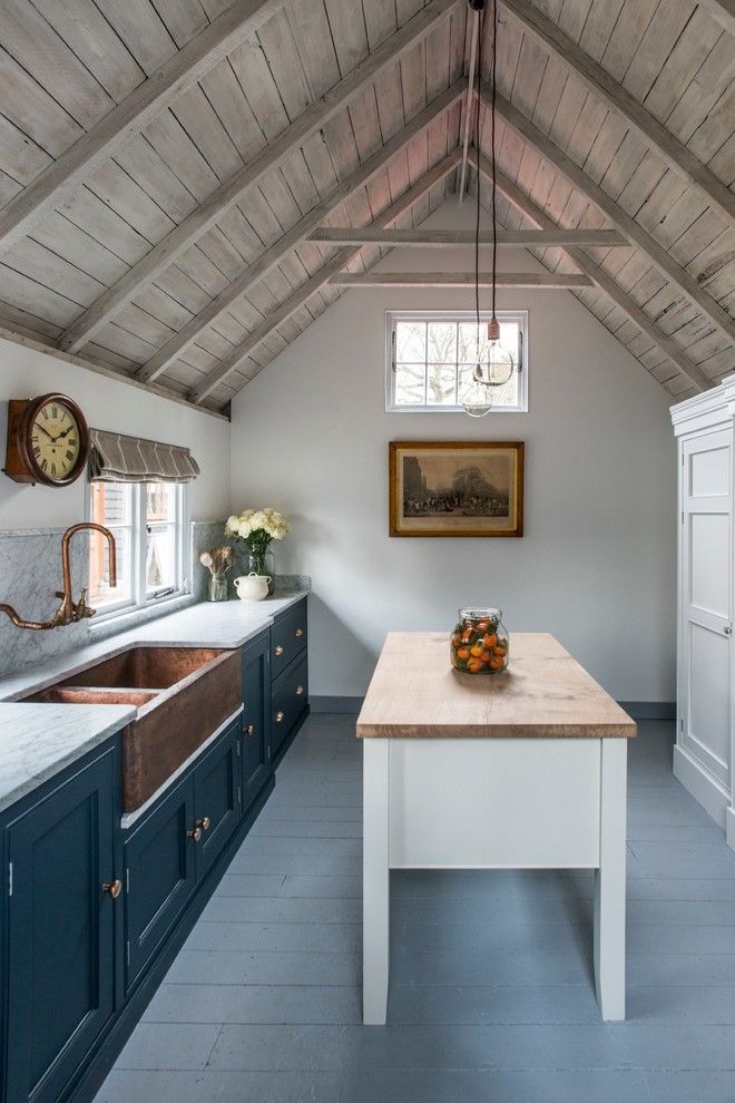 small kitchen with island under the gable roof