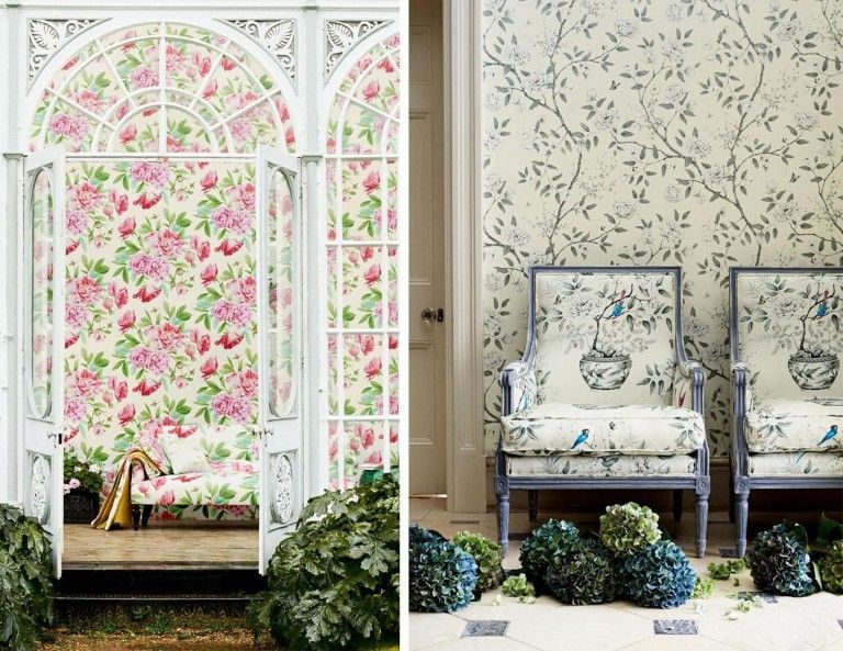 Spring decoration ideas, interior design, self-decorating, wallpaper, floral print, upholstered armchair, ornamental plant