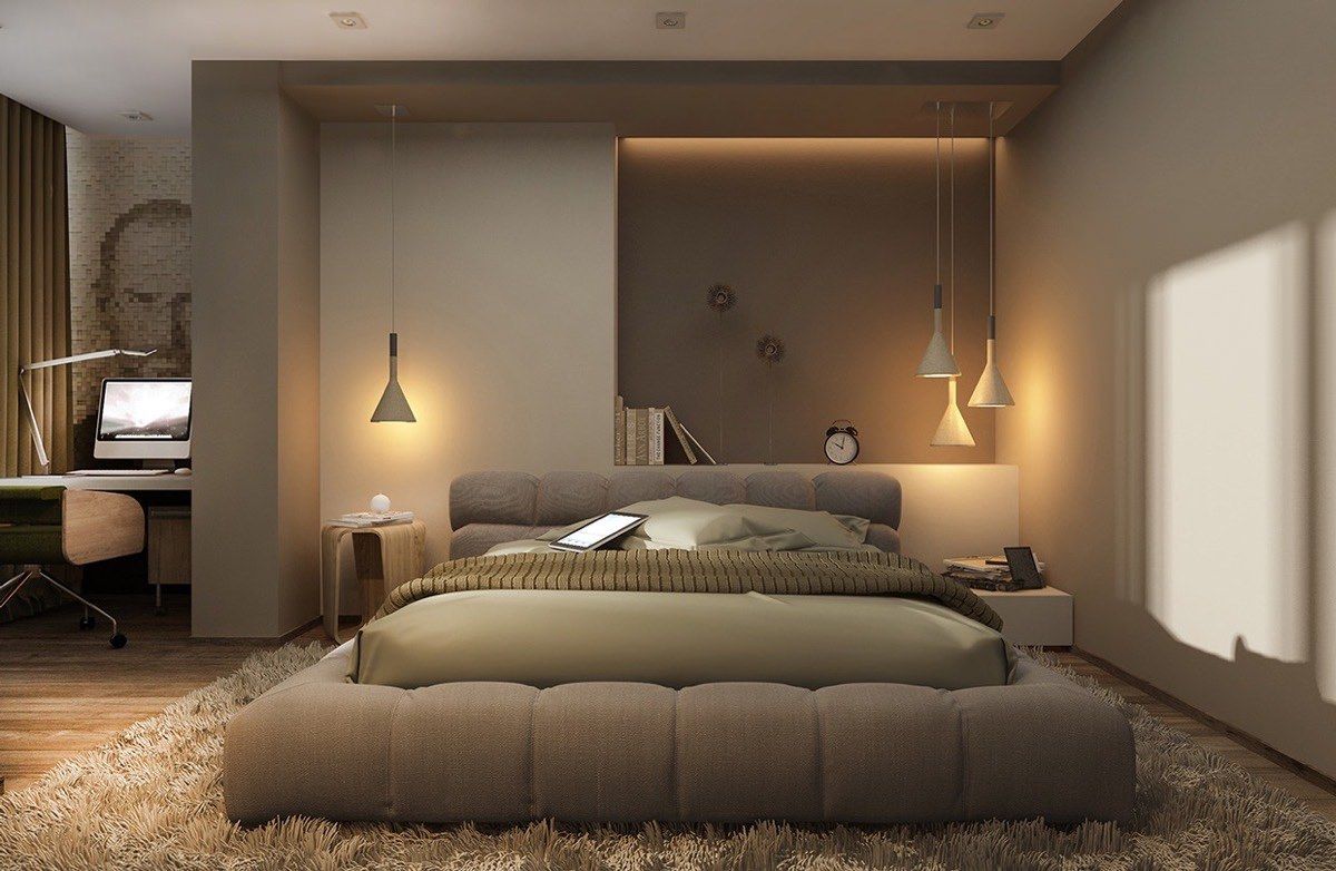 Hängeleuchte indirekte Beleuchtung stilvolles Schlafzimmer beige