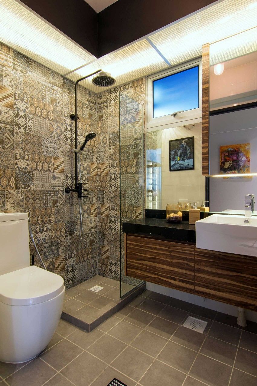 Industrial style cozy bathroom tile shower glass wall tiles wooden furniture sink