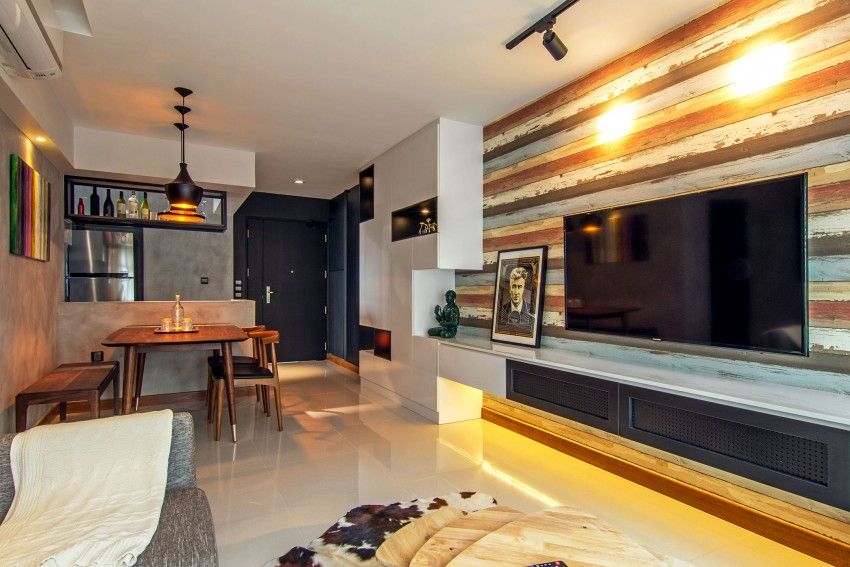Industrial Stil gemütlich wohnzimmer Fernsehschrank bunte Holzbrette Esszimmer Vorraum
