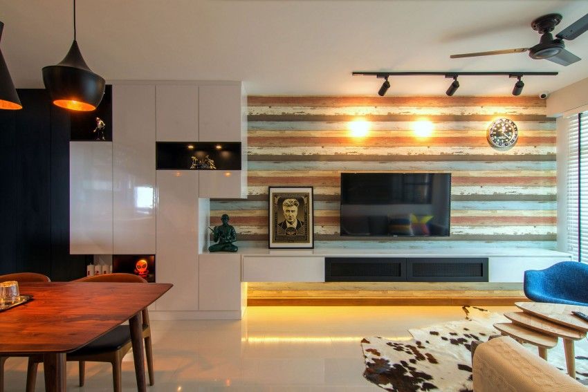 Industrial Stil gemütlich wohnzimmer Fernsehschrank bunte Holzbrette