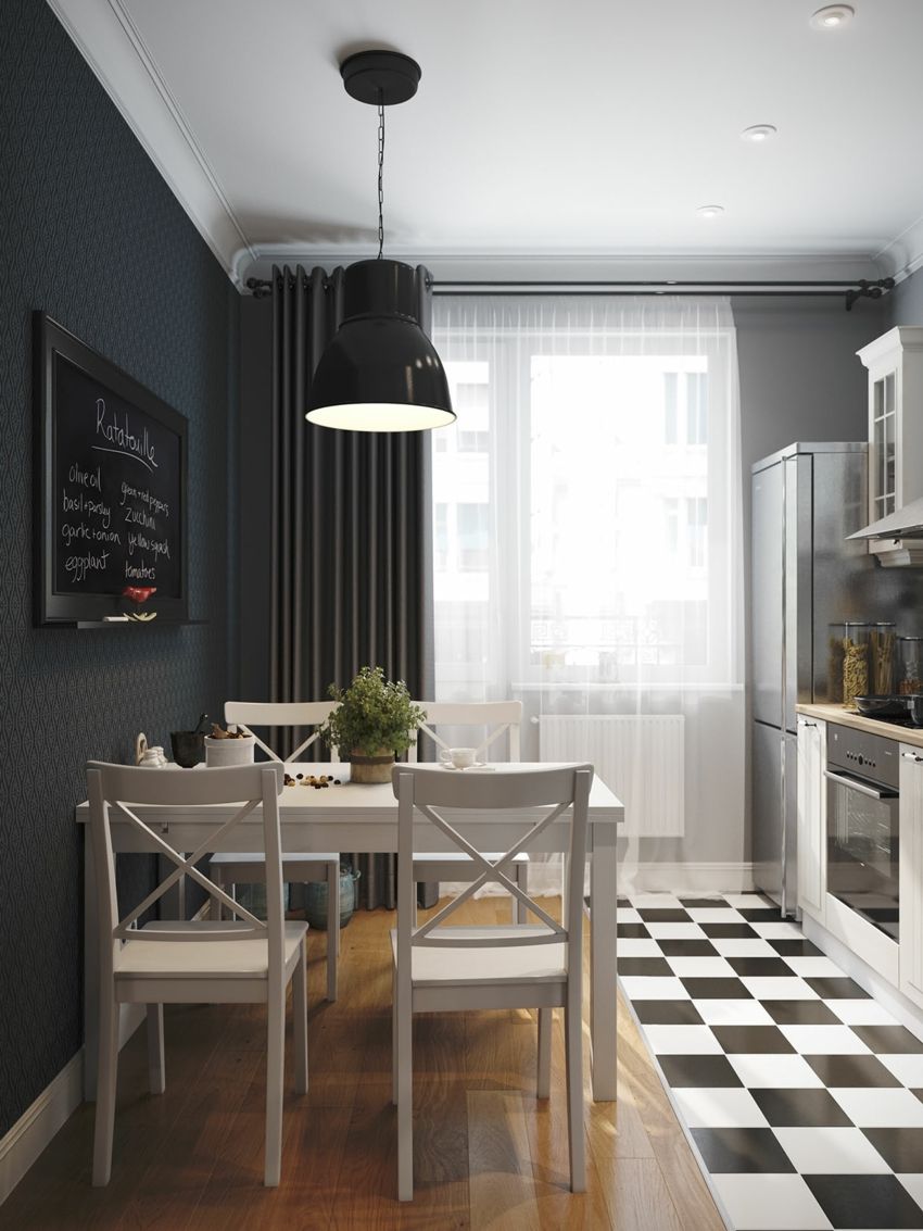 Jugend-Style Skandinavisch Esszimmer Gardinen Vorhang Fliesen Hängelampe weiß schwarz Interieur