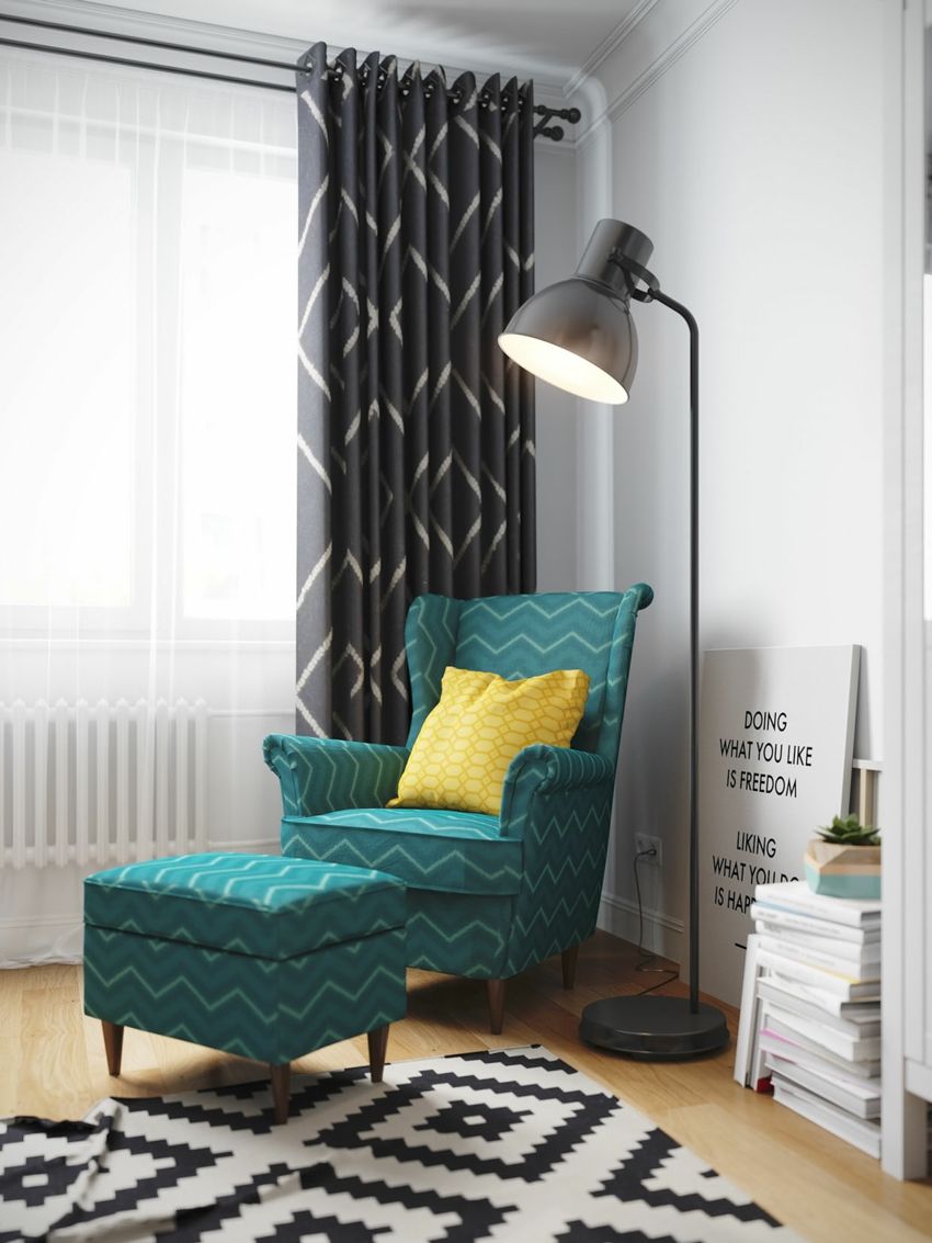 Youth style Scandinavian floor lamp armchair stool turquoise pattern carpet curtains