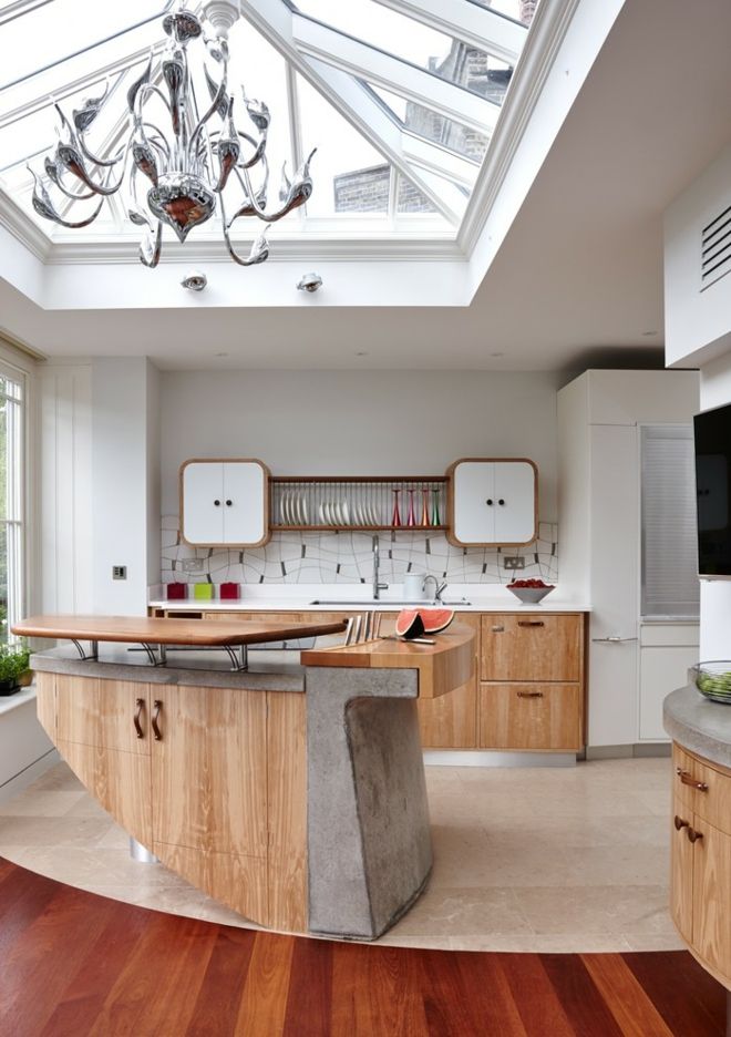 Kitchen furnishings curvy real wood concrete clear ceiling