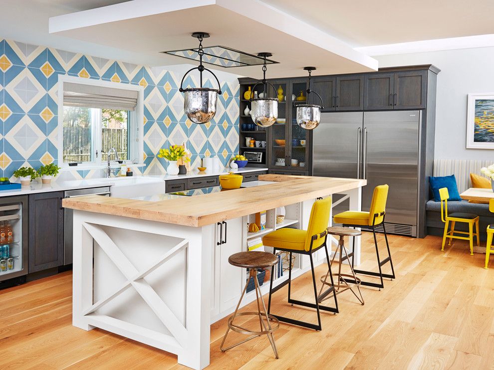 Kitchen interior design tile mirror blue yellow bar stool island