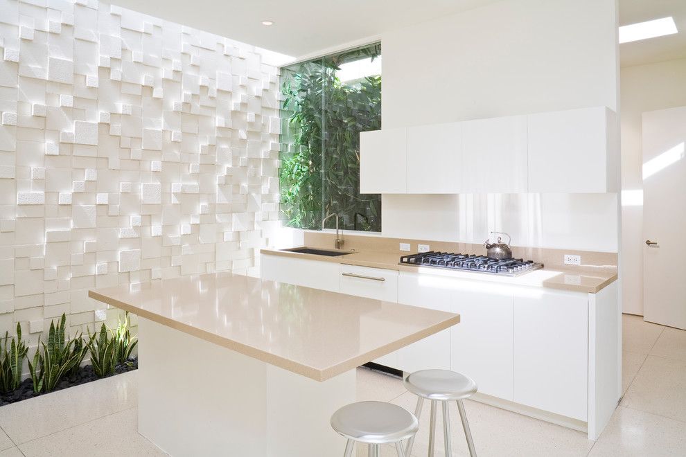 Küche Interieur Design Reliefwand 3D Gestaltung weiß Zimmerpflanze