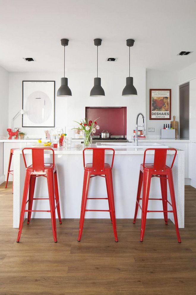 Kitchen interior design white red bar stool pendant light wooden floor