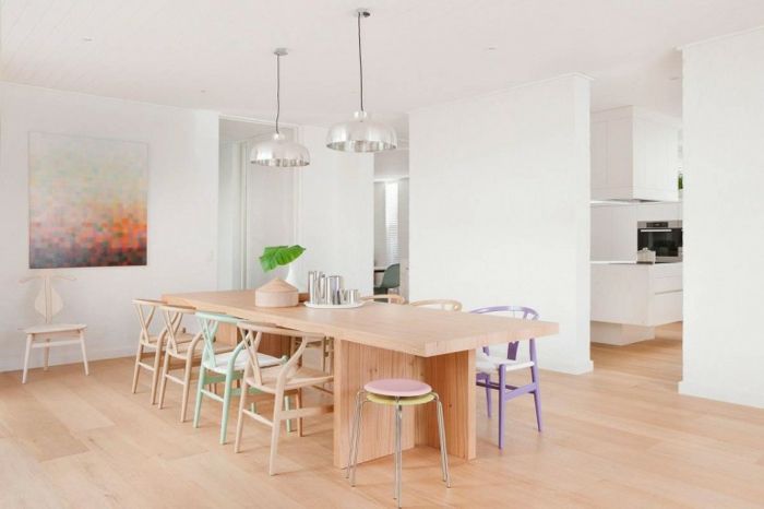 Pastel tones color scheme interior design dining room seating furniture wood look painting