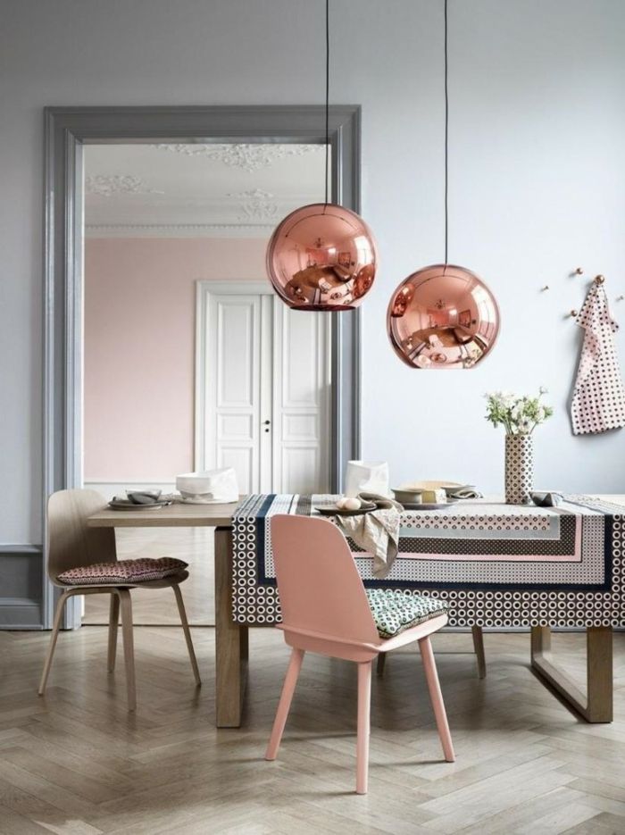 Pastel colors interior design pendant lamp copper tablecloth gray wooden floor
