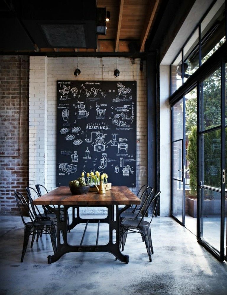 Wandgestaltung Wohnideen Design Kreidebrett Tafel schwarz Wohnzimmer Ziegelwand weiß