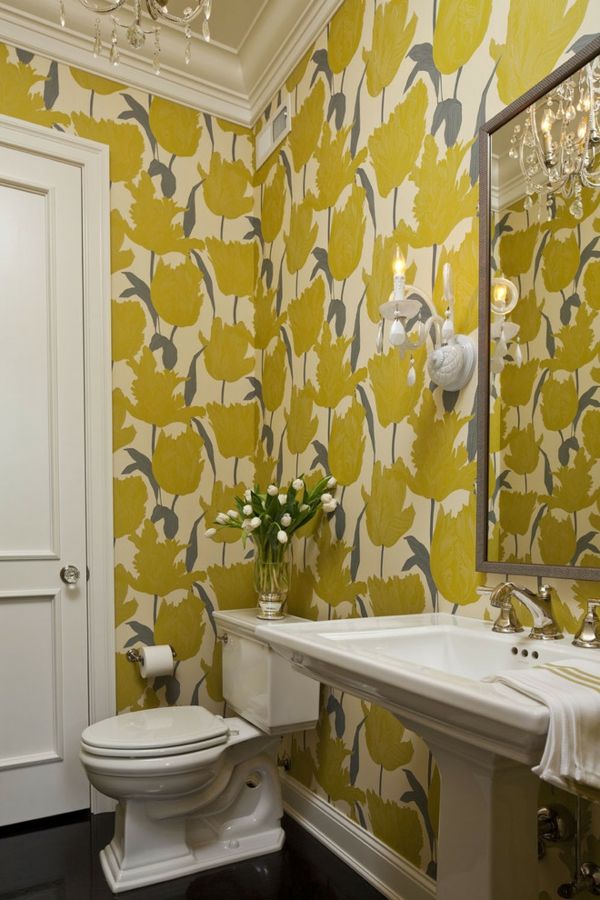 Vanity unit toilet table sink modern luxury wallpaper flower print yellow white