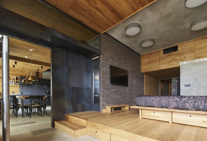 Living idea trendy industrial oak drawers Alexey Rozenberg open bedroom brick wall