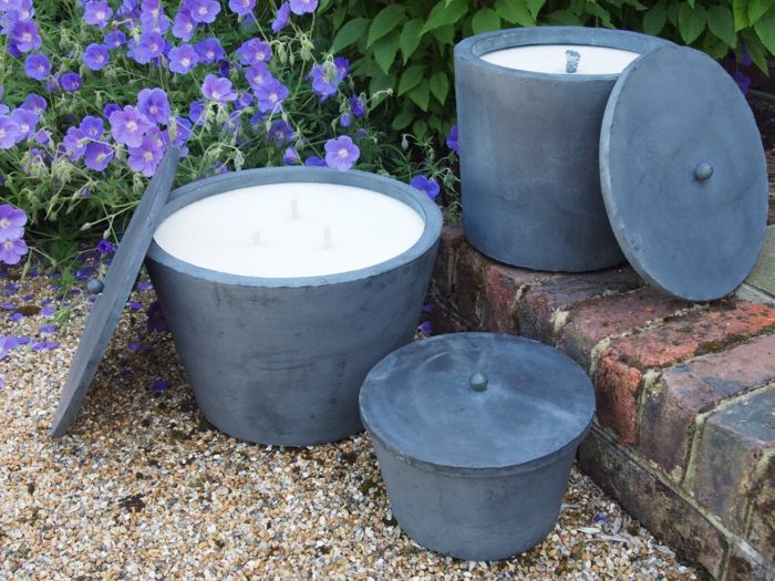 Large outdoor candles in zinc containers