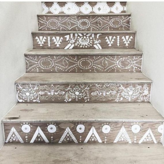 Wooden stairs Moroccan pattern in white
