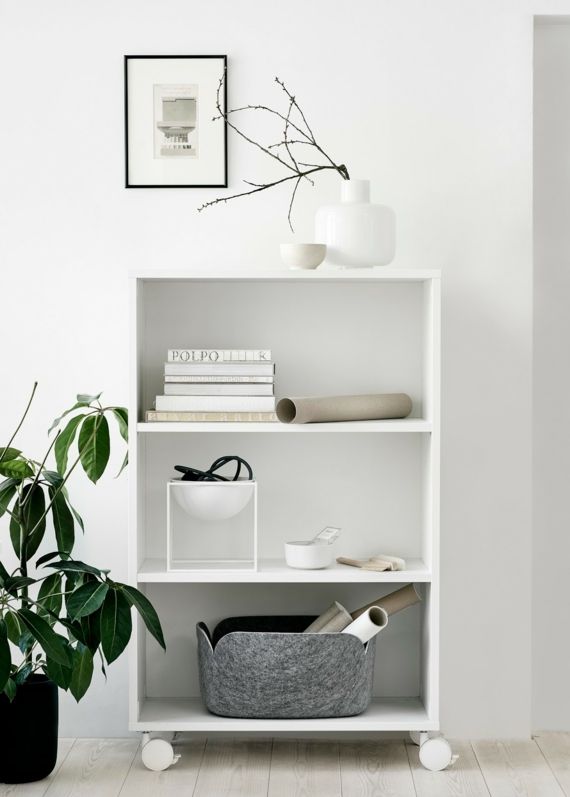 Furniture shelves on castors in white ornamental flower
