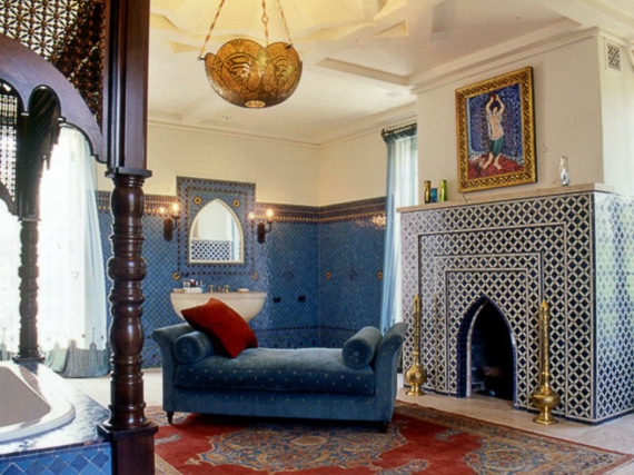 Moroccan tile bathroom blue handmade upholstered sofa