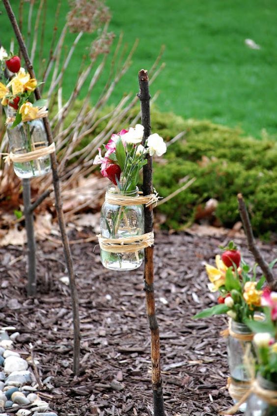 Garden party decoration glasses vases flowers outdoor
