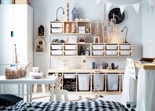 Children's room design idea storage space Ikea white furniture wooden shelves
