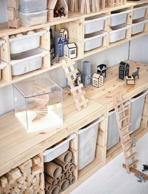 Interior design children's room furniture from Ikea wooden shelves softwood