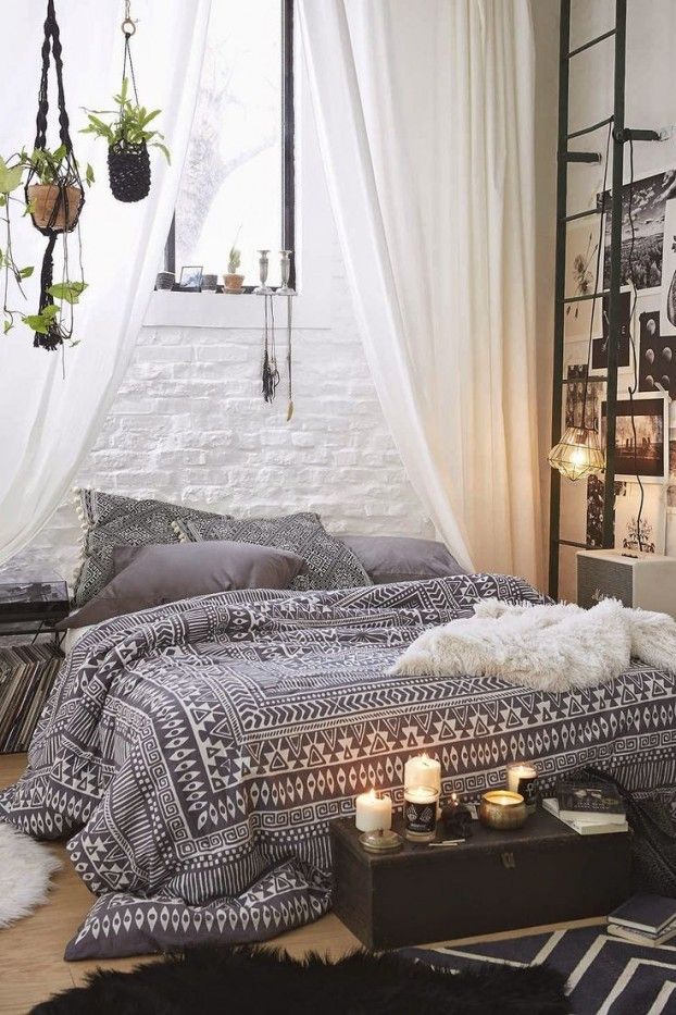 Bedroom in bohemian style bedding ethnic pattern