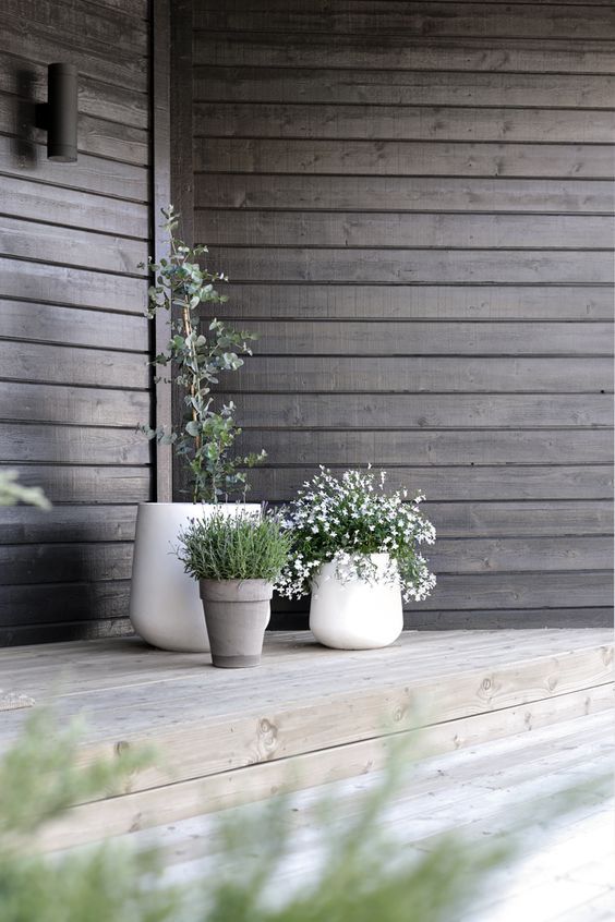 subtle flower pots wall cladding made of dark wood outdoor