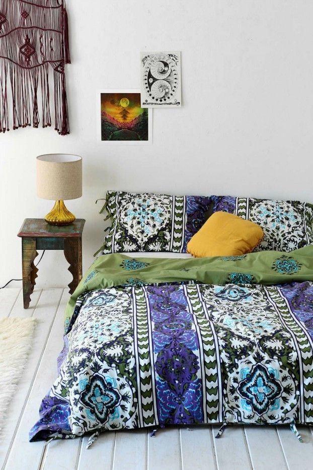dramatic bed linen in bohemian style white floor