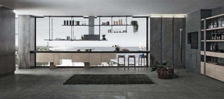 große Fliesen in Grau Panoramafenster Meerblich Küche Ideen