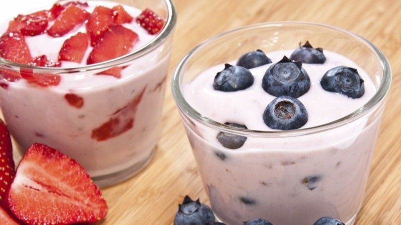 Glasses with yogurt and fruits Healthy eating