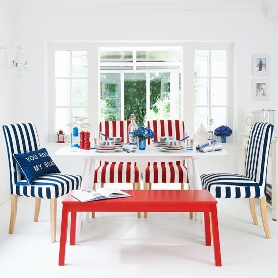 Maritime decoration ideas dining room red blue stripe chairs