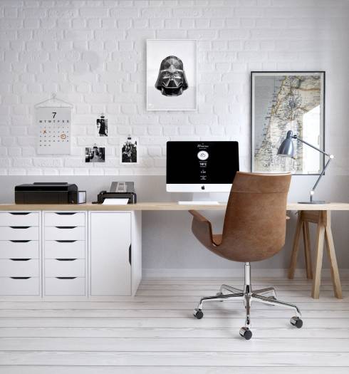 Schreibtisch von Ikea Schubläden in Weiß Wandgestaltung Ziegelsteine