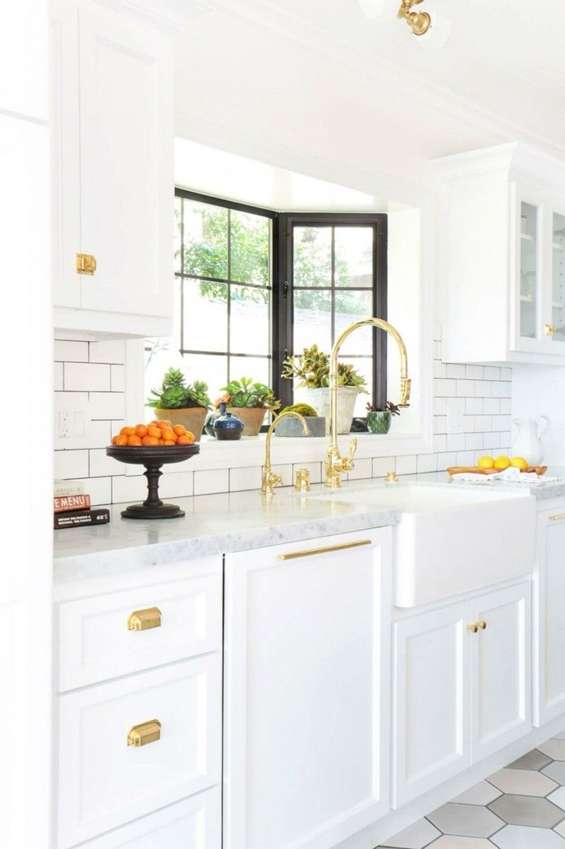 Home ideas faucet gold kitchen white cabinets