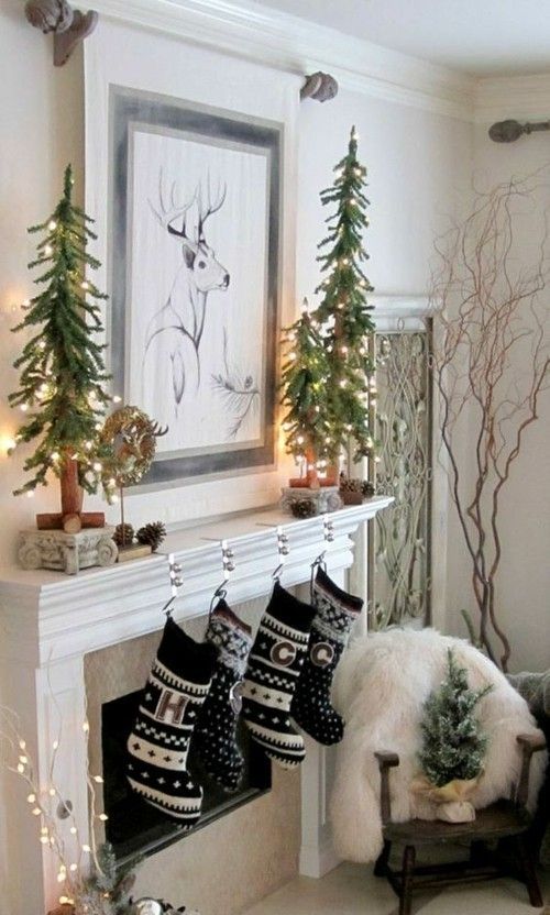 Fireplace-mantelpiece-decoration-christmas-stockings-small-fir-trees-pinecone-picture