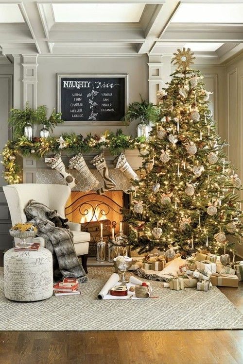 living room-christmas-tree-fireplace-white-gray-gold-and-silver-glitter