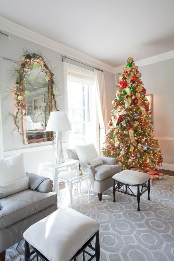 living room-white-christmas-tree-window-corner-decorated-shiny