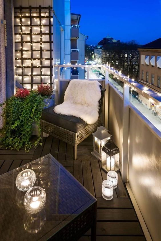 Balcony armchair white fur, small coffee table