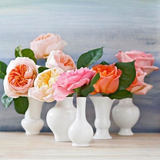 Colorful roses in white vases