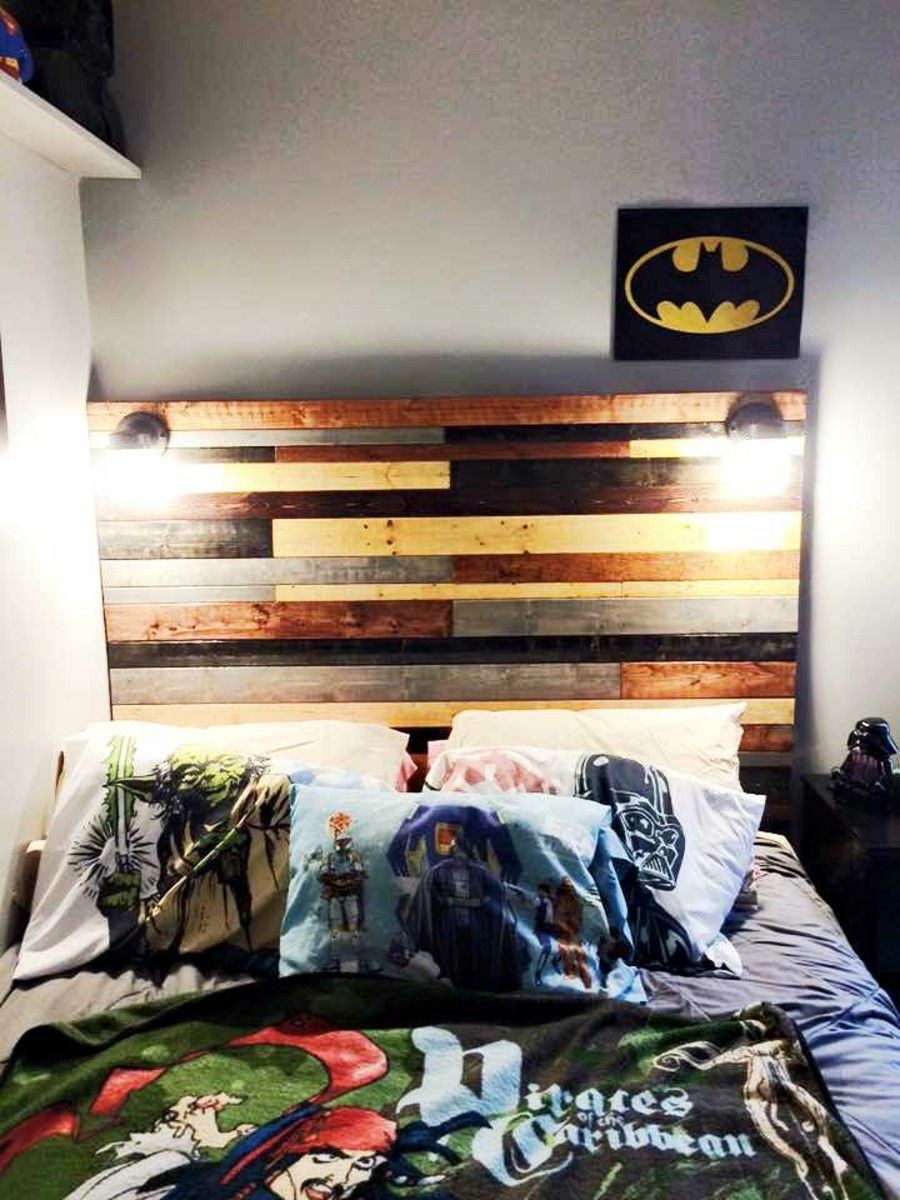 Interesting design bed headboard made from pallets