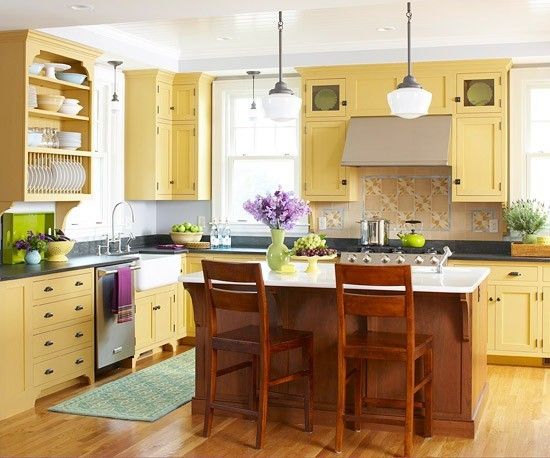 Kitchen cabinets in daffodil color - large kitchen
