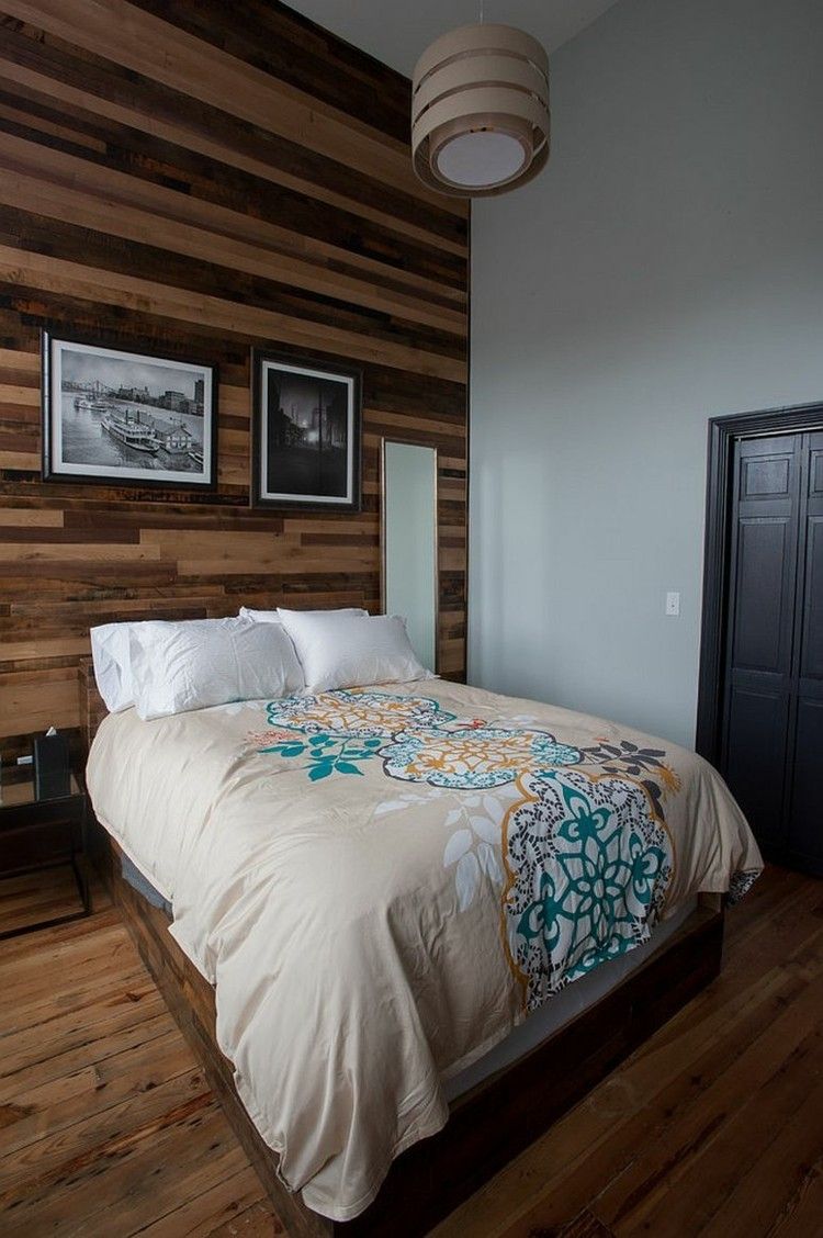 Schlafzimmer Design dunkelbraune Holzwand