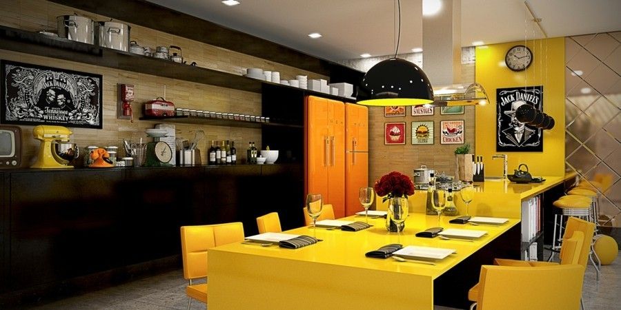Kücheneinrichtung Gelb Esstisch Kücheninsel design ideen