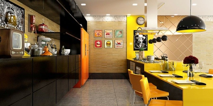 Kücheneinrichtung gelb Vintage Wanddeko