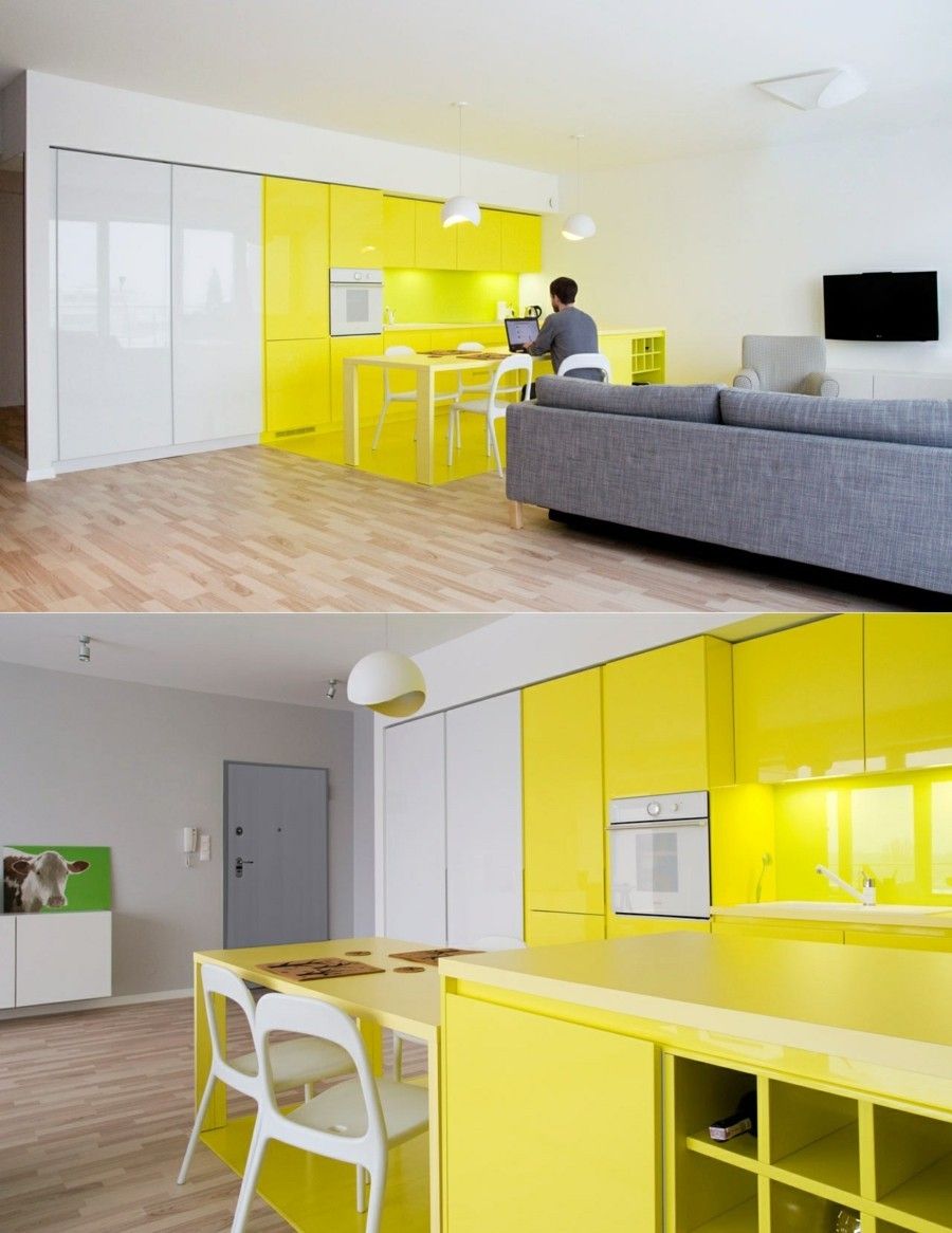 Kücheneinrichtung in Gelb Grau modern design ideen