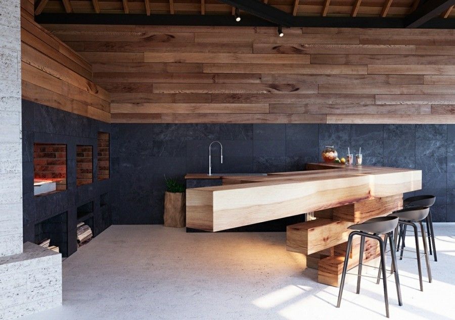 interessante Küchengestaltung geometrische Formen viel Holz