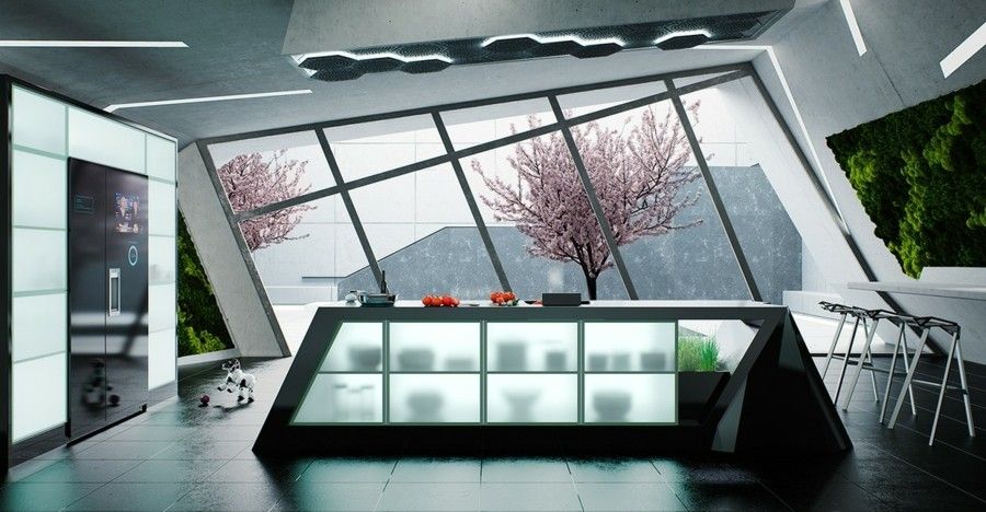 moderne Kücheninsel in geometrischer Form fast futuristisch
