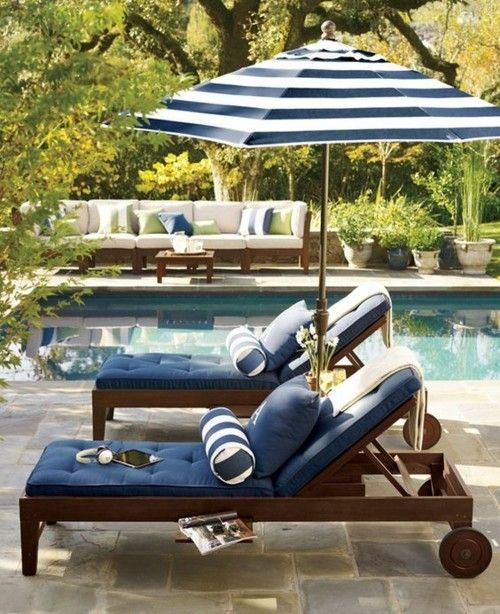 Gartengestaltung 2017 Trends Pool Liegestühle blau weiß gestreift Sonnenschirm Ruhe und Komfort in einem