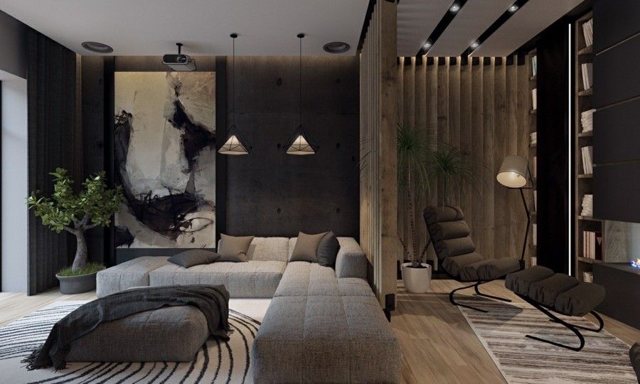moderne Wohnzimmereinrichtung Kunstwerk integriert Beleuchtung Stil